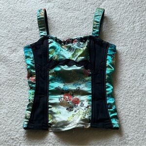 Vintage 90s-00s Tripp NYC Corset Bustier Top, Teal Floral Satin & Black Lace, XS